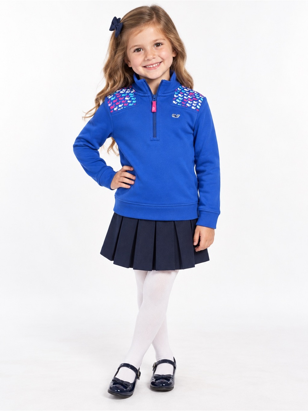 Vineyard Vines Girls Blue Whale Print Quarter-Zip Pullover